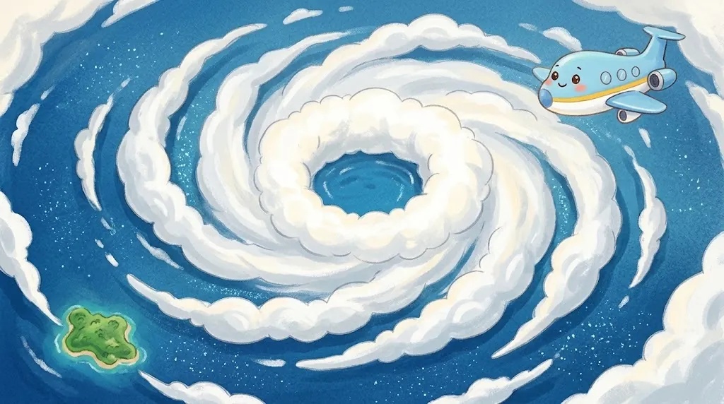 A typhoon seen from high above: a huge white spiral of clouds with a round, clear eye in the middle, where the calm blue sea shows through. Swoop flies near the edge.