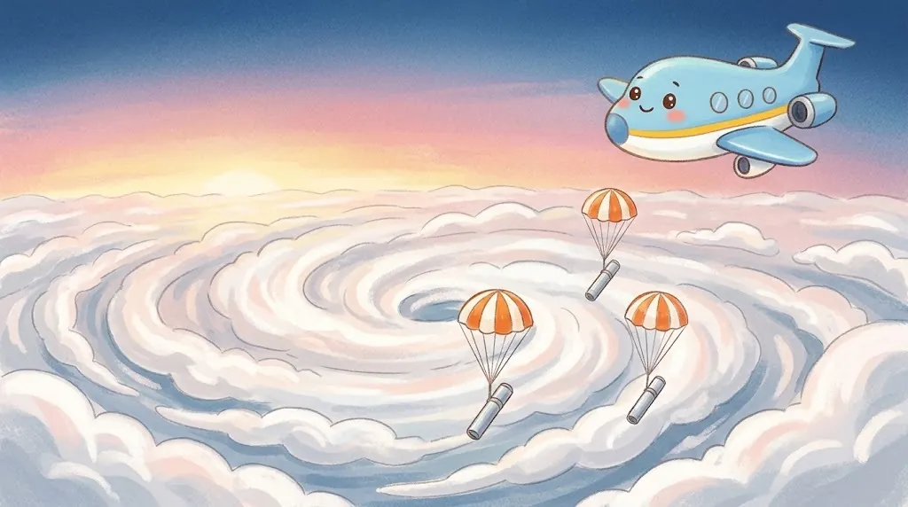 At sunrise, Swoop flies high above the swirling top of a typhoon. Three silver tube-shaped instruments float down below it on little orange-and-white parachutes.