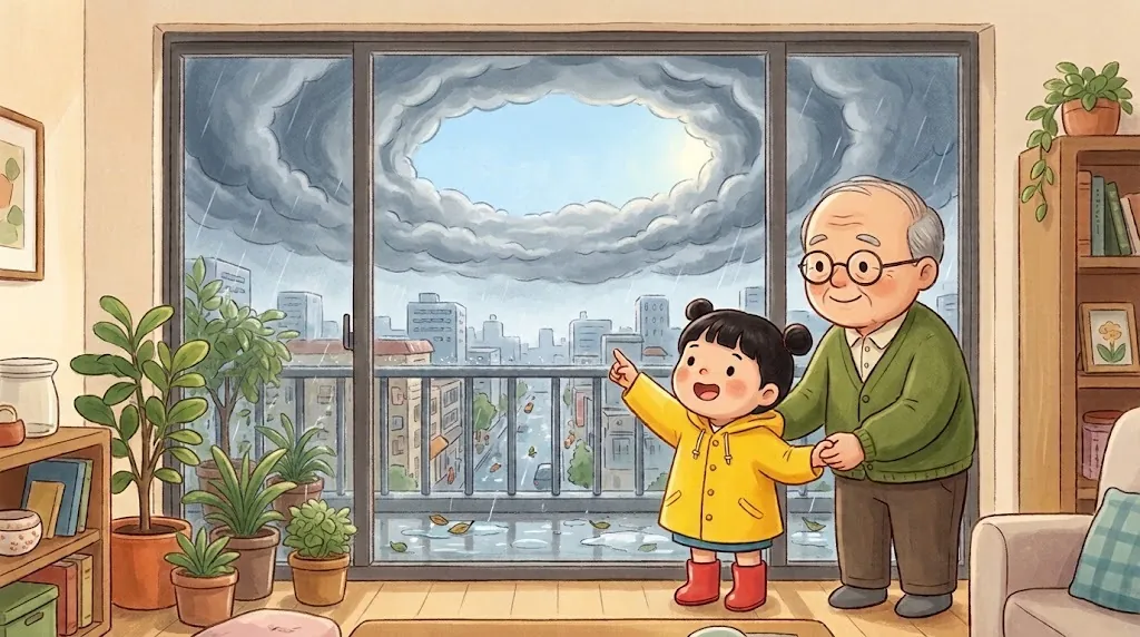 Mei and her grandpa stand at a big window. Above the wet city, a round patch of calm blue sky is surrounded by a ring of dark clouds. Mei points up excitedly, and grandpa holds her hand.
