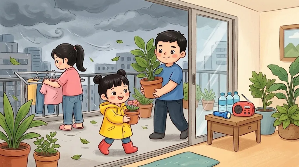 On a windy afternoon, Mei and her dad carry potted plants inside from the balcony while her mom takes in the laundry. A flashlight, water bottles and a radio wait on a table.