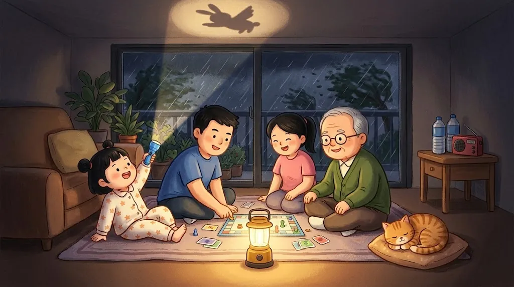 At night during a typhoon, the power is out. Mei's family plays a board game by a lantern on the living room rug while Mei makes a shadow puppet with her flashlight. Rain streaks the window and a cat sleeps.