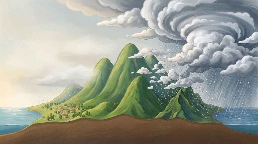 A side view of an island with tall green mountains. A big storm cloud from the sea bumps into the mountains, breaking into smaller puffs and raining on the slopes, while a little town on the other side gets only a light drizzle.