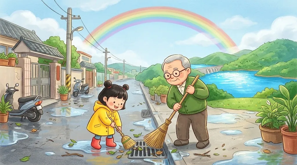 The sunny morning after the typhoon. A rainbow arches over the street. Mei and her grandpa sweep leaves off a drain, and a full blue reservoir sparkles behind the hills.